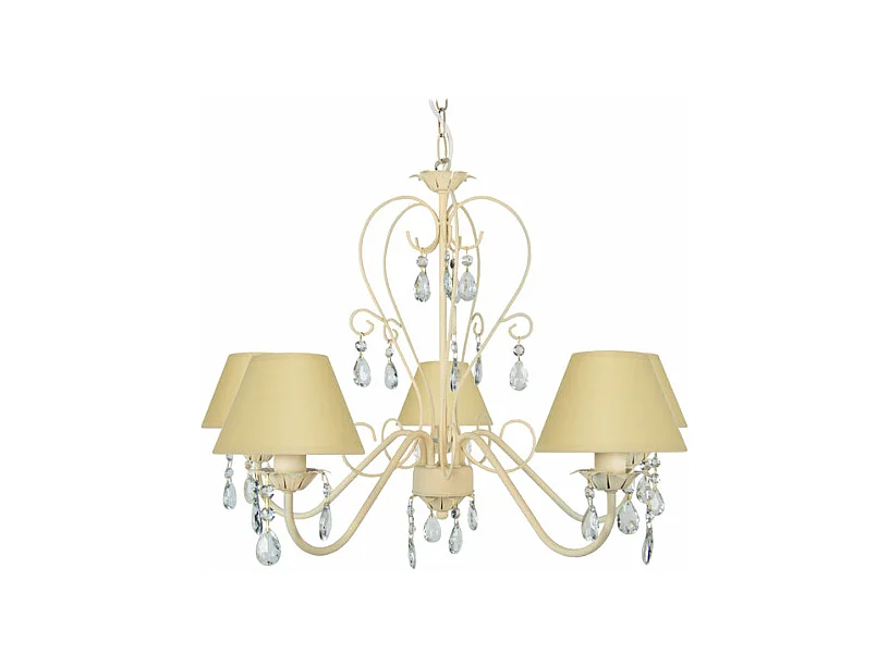 Lustre 5 bras métalabat-jour beige,pampilles verre 80 cm.