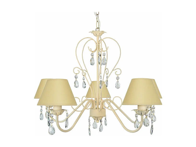 Lustre 5 bras métalabat-jour beige,pampilles verre 80 cm.