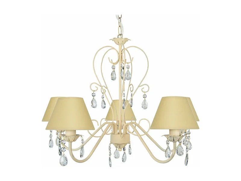 Lustre 5 bras métalabat-jour beige,pampilles verre 80 cm.