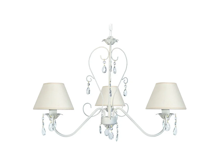 Lustre 3 bras métal abat-jour blanc,pampilles verre 80 cm.