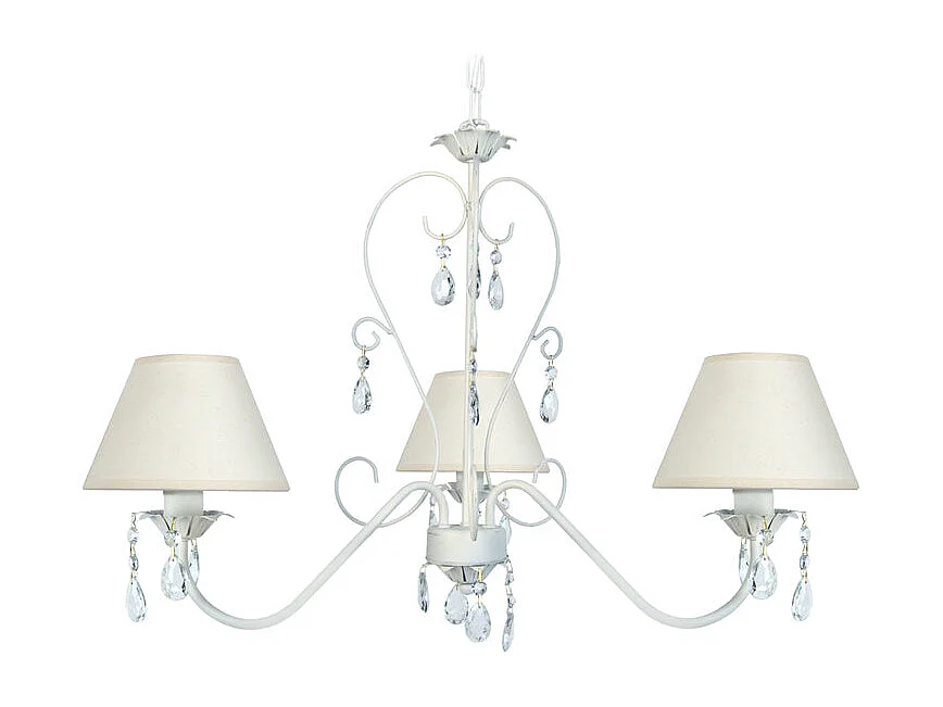 Lustre 3 bras métal abat-jour blanc,pampilles verre 80 cm.