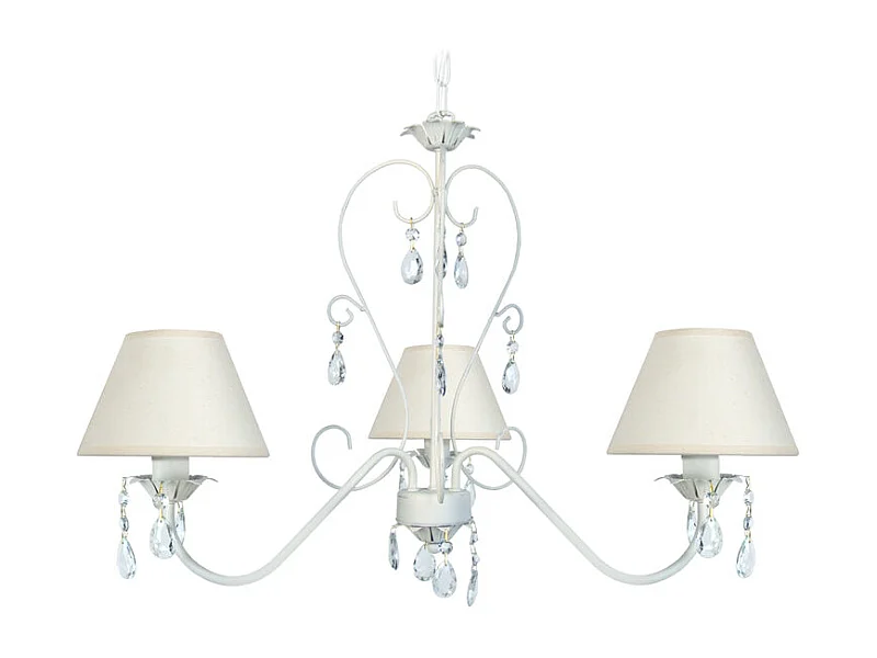 Lustre 3 bras métal abat-jour blanc,pampilles verre 80 cm.