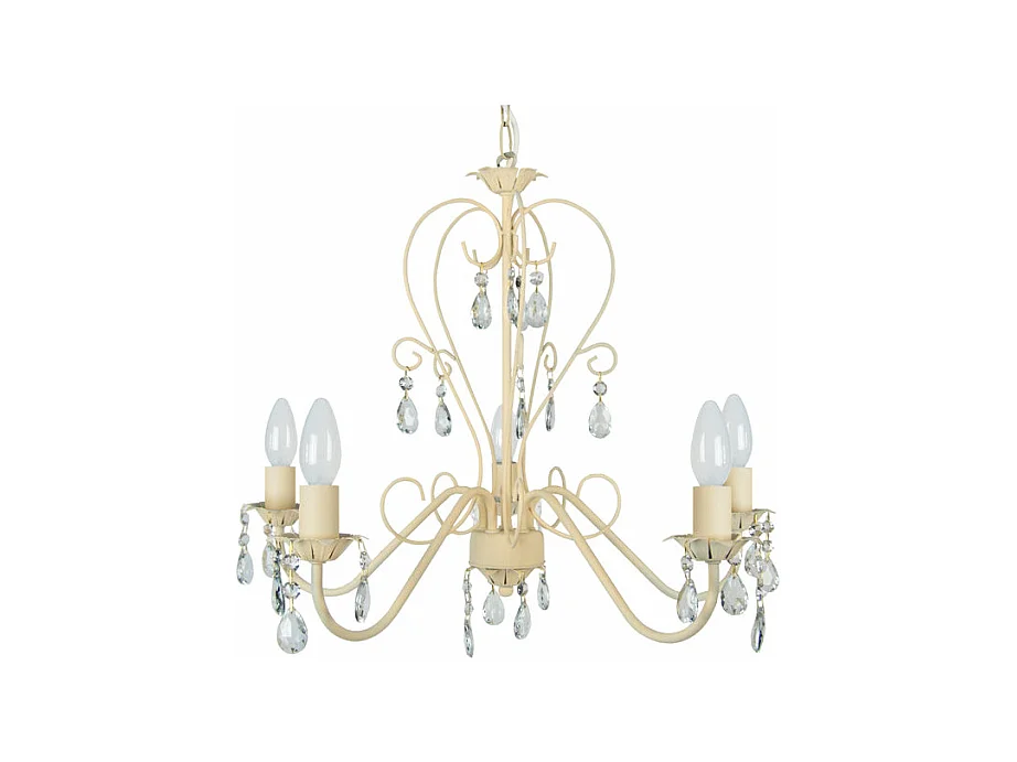Lustre 5 bras métal beige,pampilles verre 80 cm.