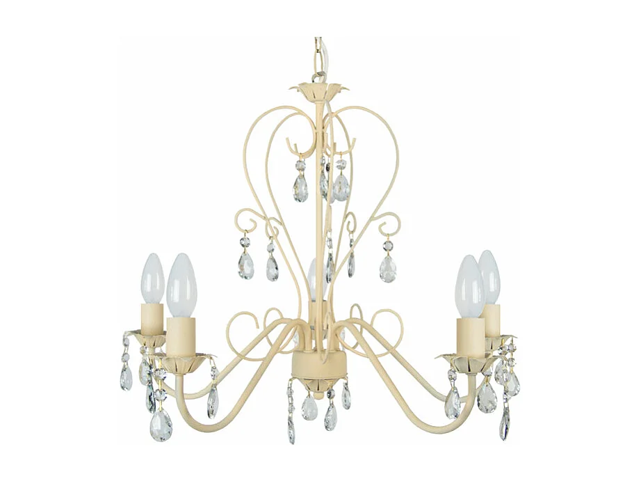 Lustre 5 bras métal beige,pampilles verre 80 cm.