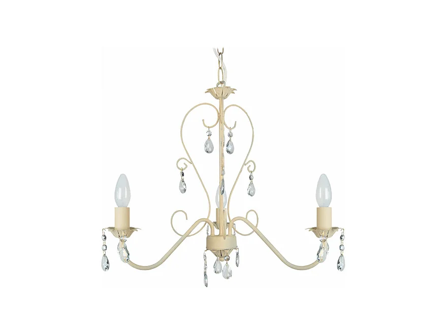 Lustre 3 bras métal beige,pampilles verre 80 cm.