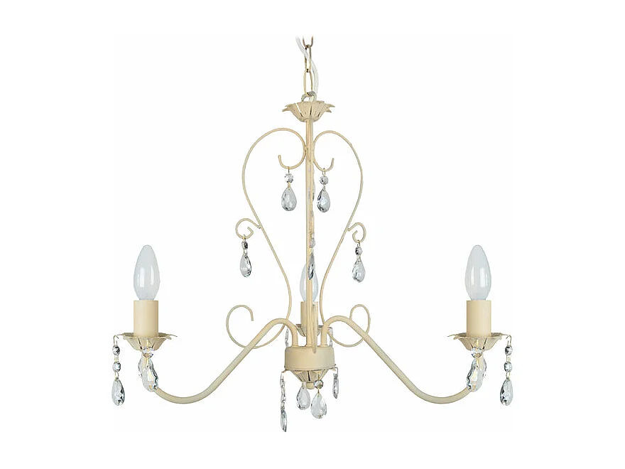 Lustre 3 bras métal beige,pampilles verre 80 cm.