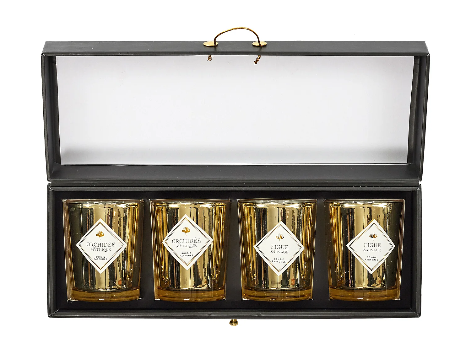 Bougie Parfumee Electroplate X4 Coffret Gingko Blanc, Noir, Or