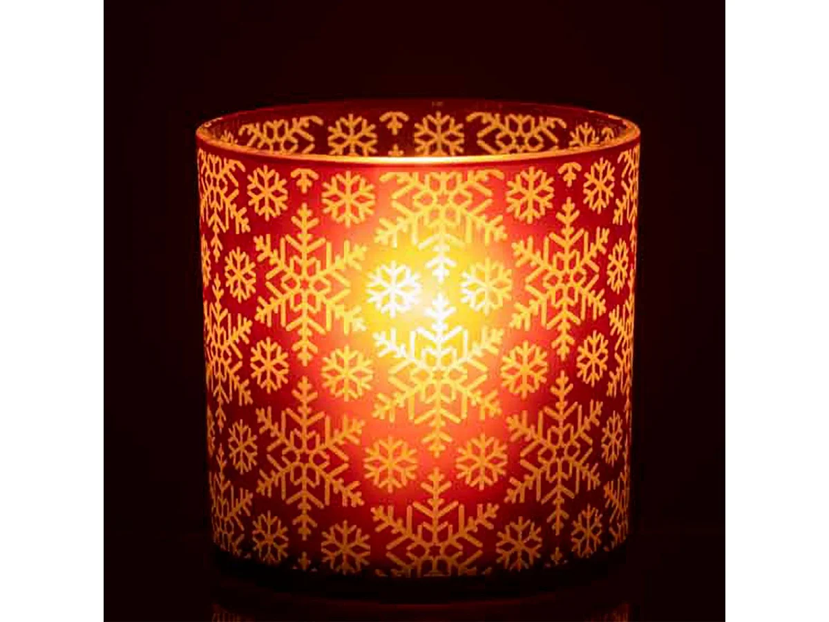 Portavelas con copos de vidrio rojo de 15x15x15cm