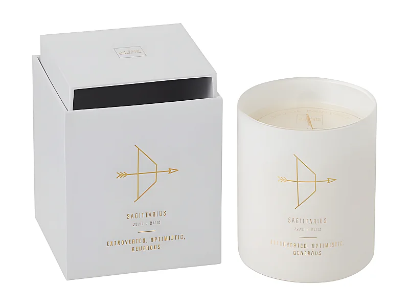 Vela perfumada signo sagitario 50H en tarro de vidrio blanco 8x8x9.5 cm