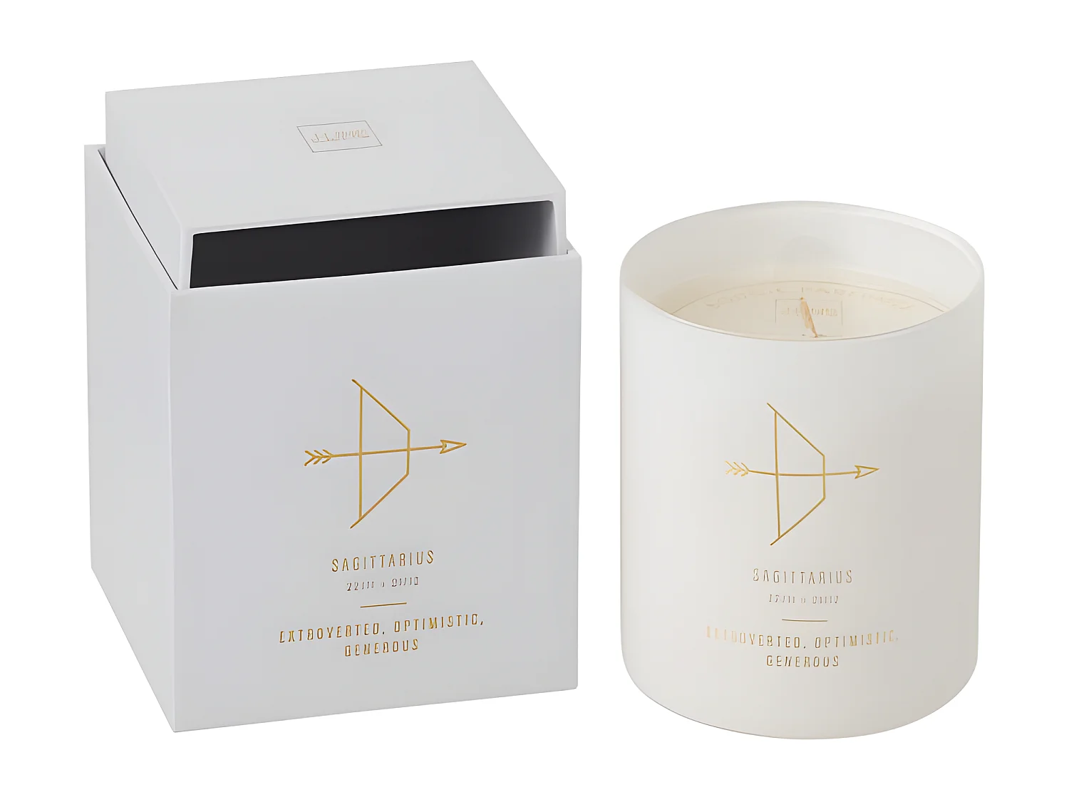 Vela perfumada signo sagitario 50H en tarro de vidrio blanco 8x8x9.5 cm