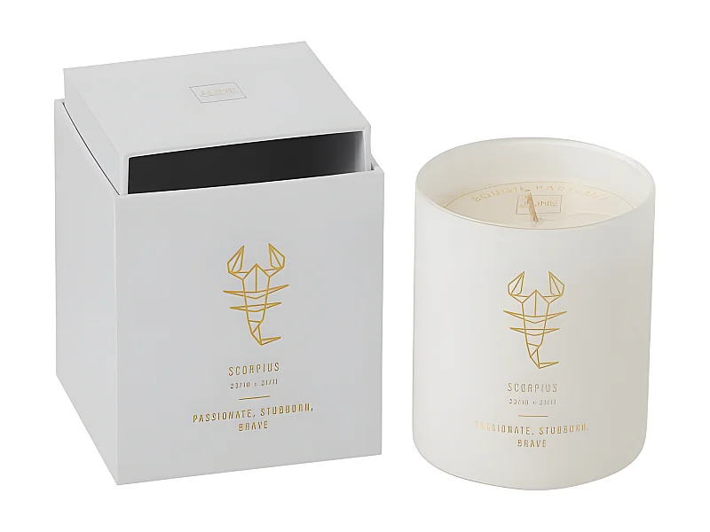 Vela perfumada signo de Escorpio 50H en tarro de vidrio blanco 8x8x9.5 cm