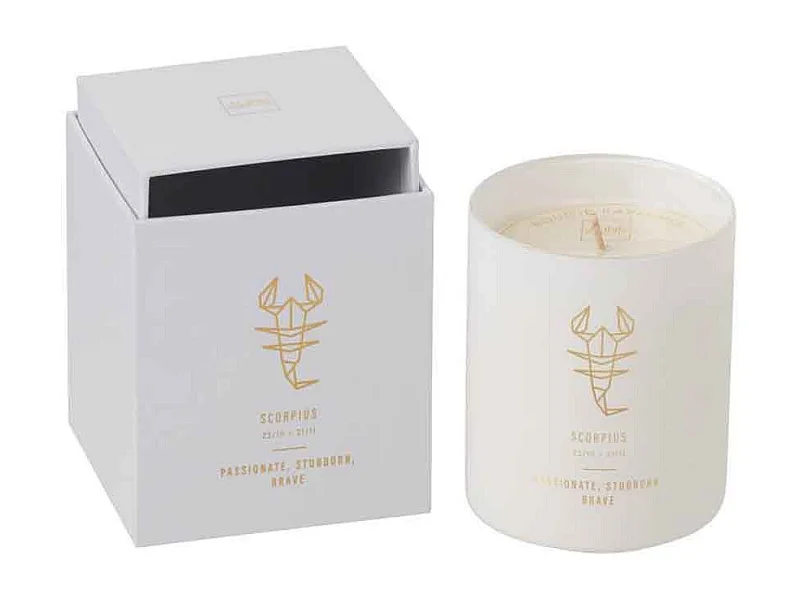 Vela perfumada signo de Escorpio 50H en tarro de vidrio blanco 8x8x9.5 cm