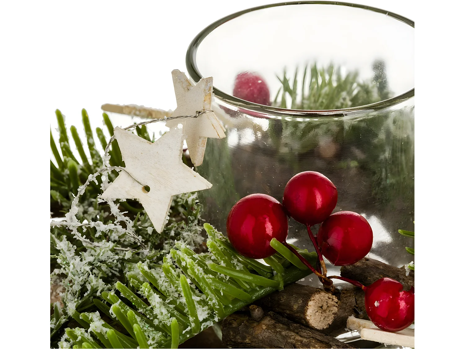 Photophore Rondins Étoiles "Soir" 20cm Naturel & Vert