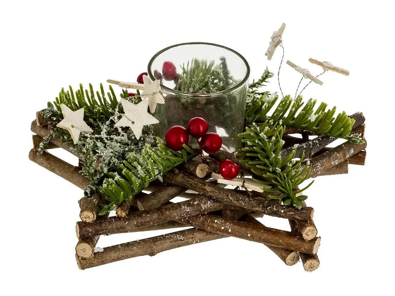 Photophore Rondins Étoiles "Soir" 20cm Naturel & Vert