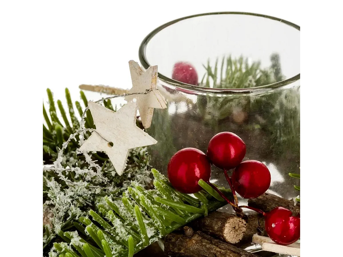 Photophore Rondins Étoiles "Soir" 20cm Naturel & Vert