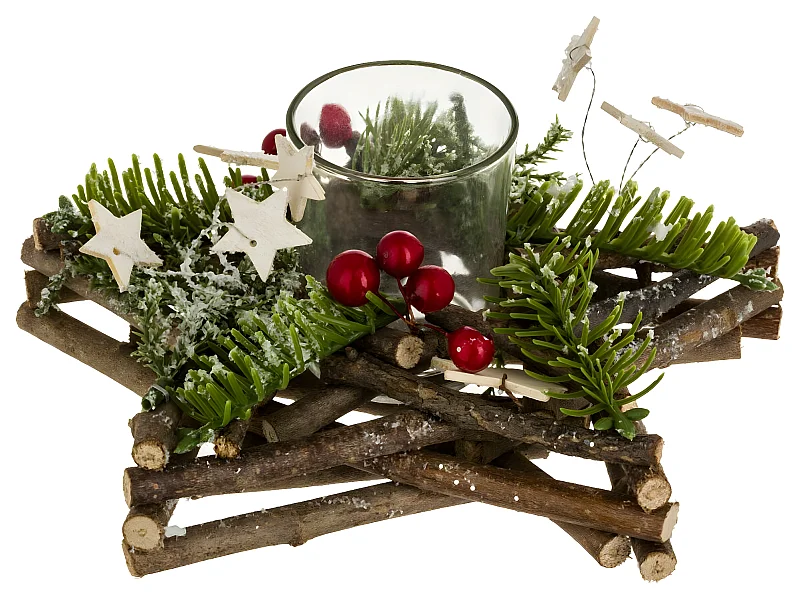 Photophore Rondins Étoiles "Soir" 20cm Naturel & Vert