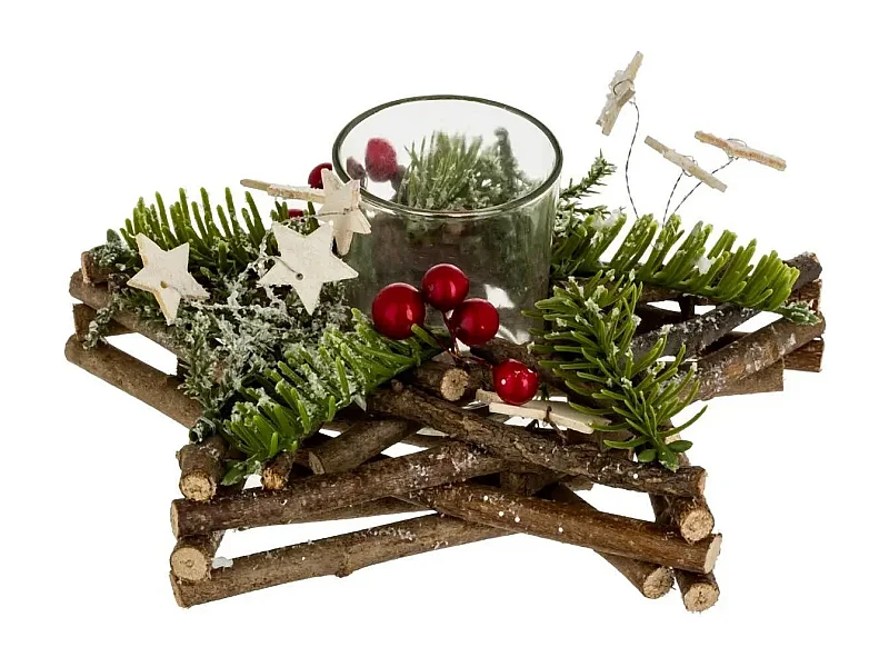 Photophore Rondins Étoiles "Soir" 20cm Naturel & Vert