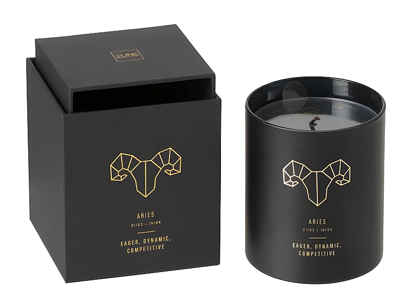 Vela perfumada signo Aries 50H en tarro de vidrio negro 8x8x9.5 cm