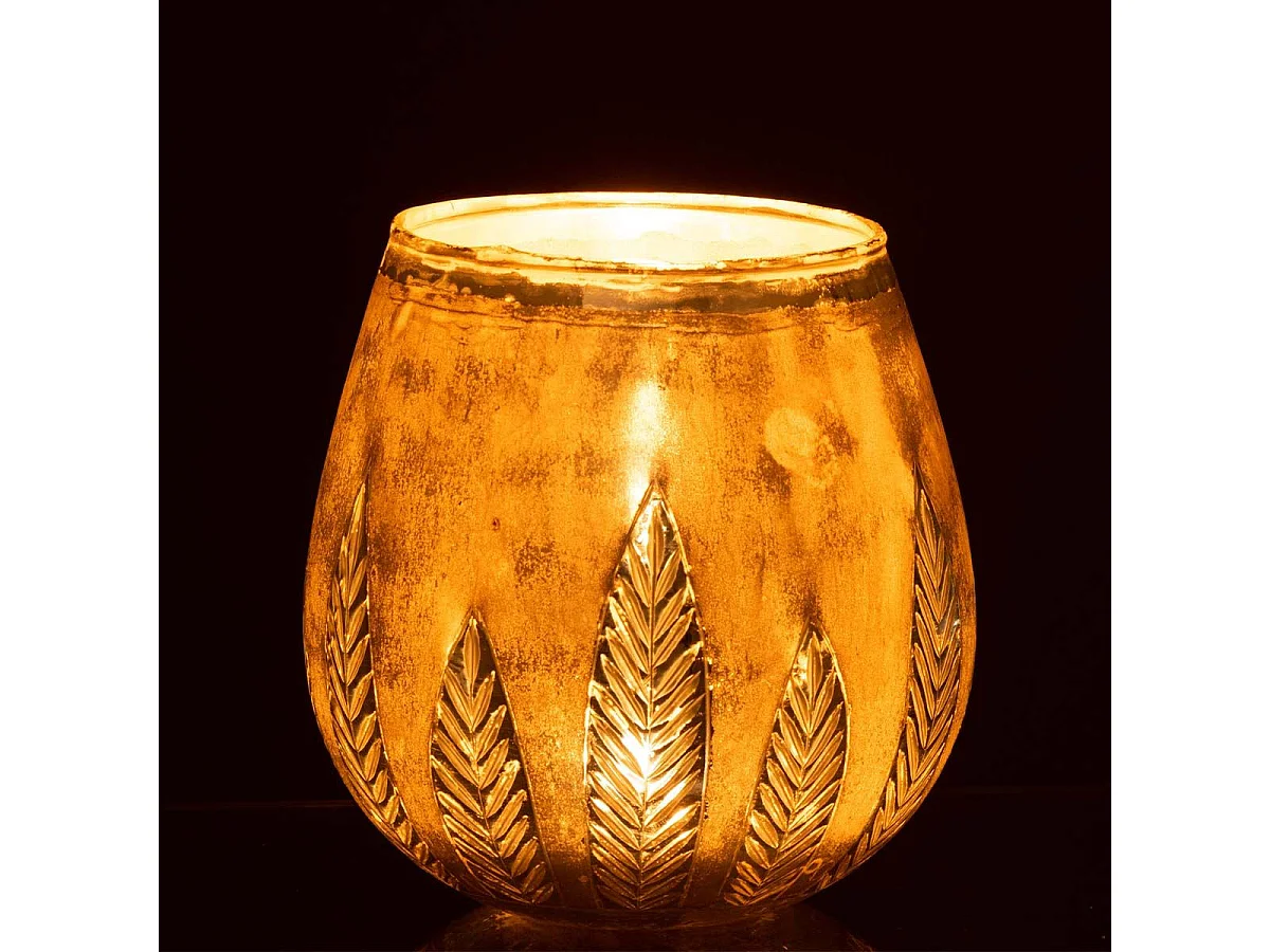 Photophore Design Rond "Feuilles" 18cm Argent