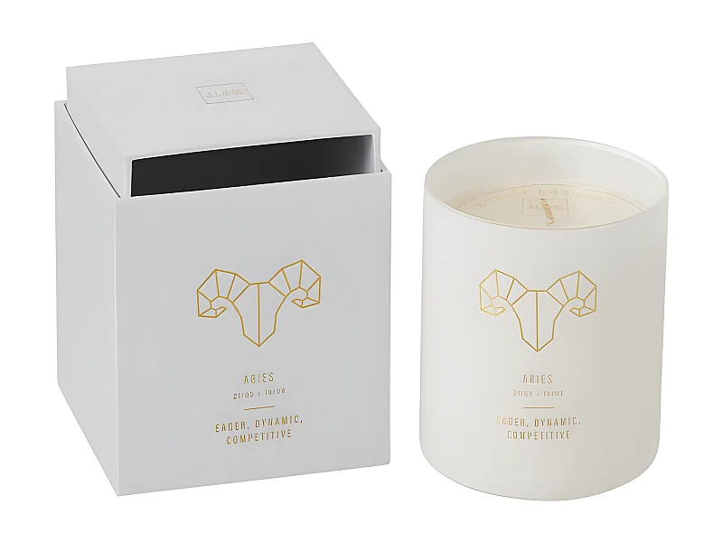 Vela perfumada signo de Aries 50H en tarro de vidrio blanco 8x8x9.5 cm