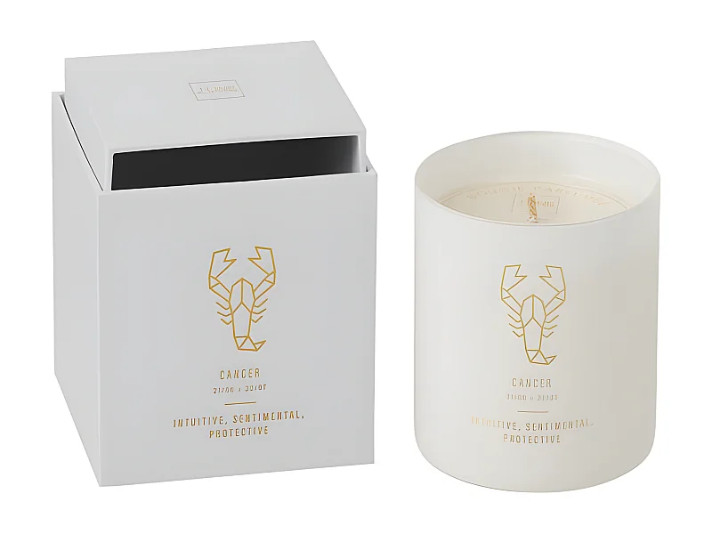 Vela perfumada signo cáncer 50H en tarro de vidrio blanco 8x8x9.5 cm