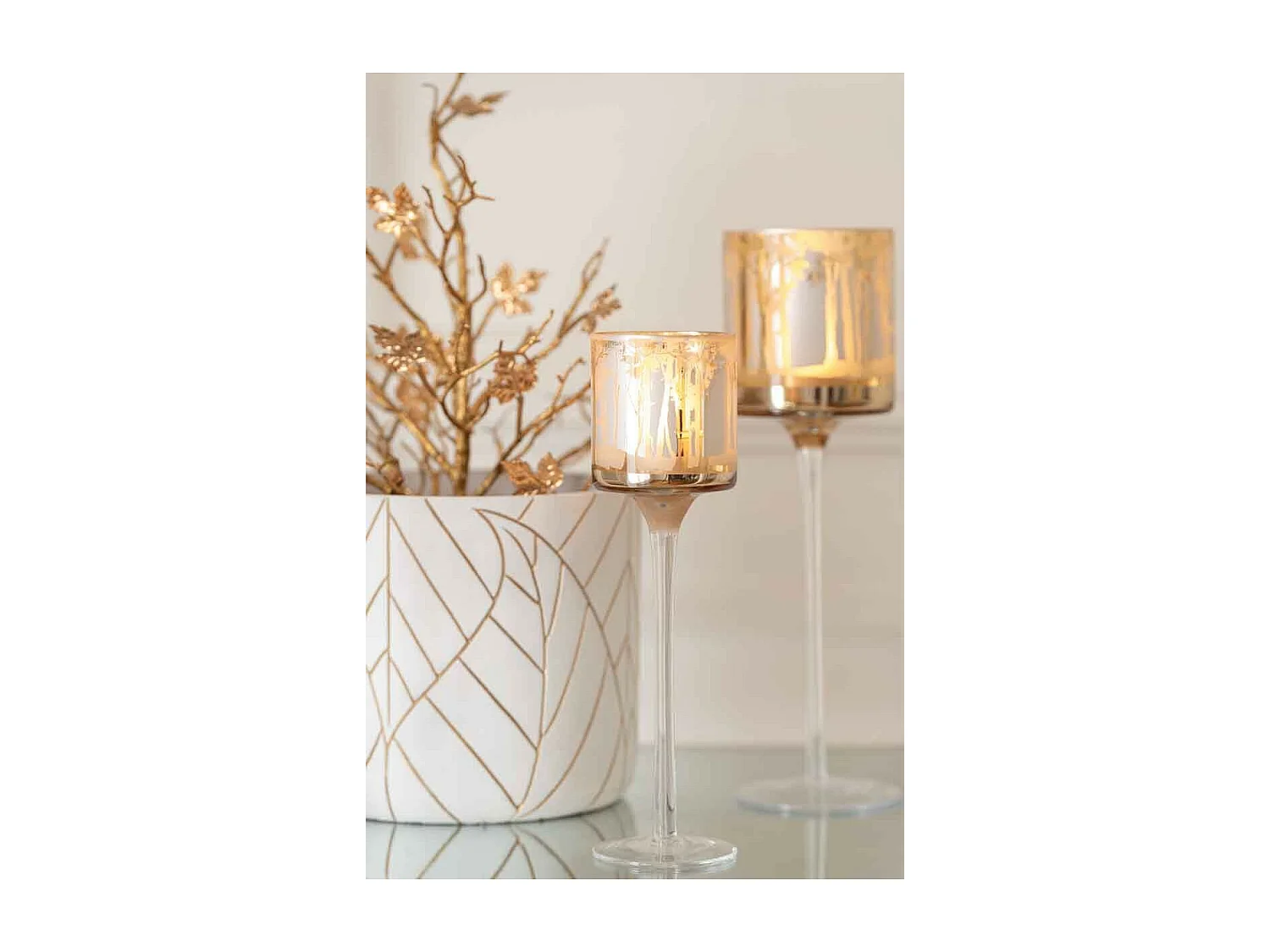 Lámpara de pie con motivo de árboles en vidrio dorado 9x9x30cm