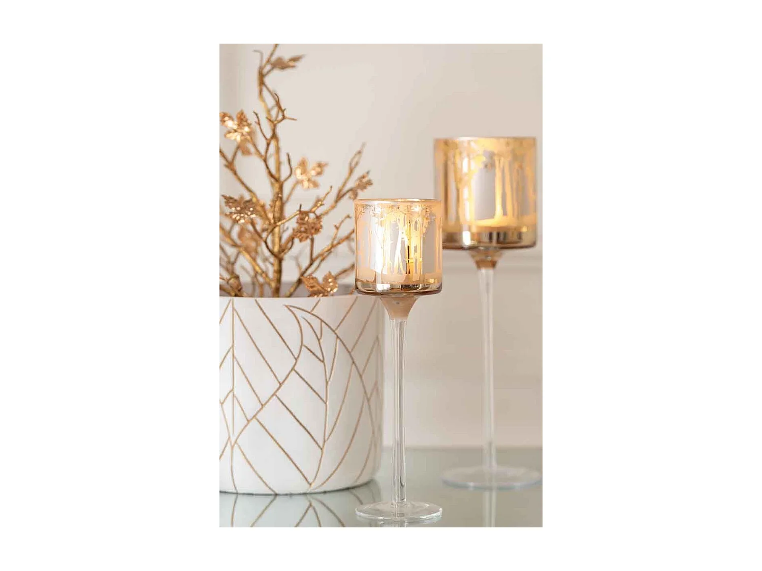 Lámpara de pie con motivo de árboles en vidrio dorado 9x9x30cm