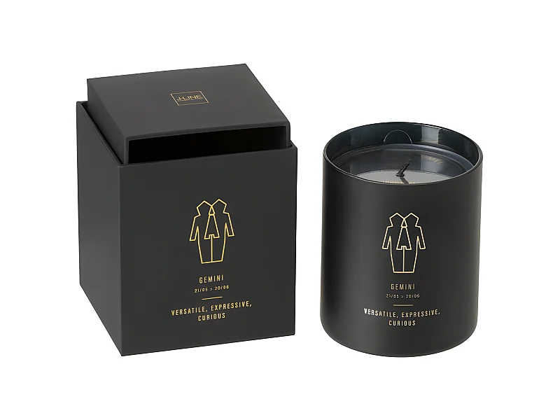 Vela perfumada signo géminis 50H en tarro de vidrio negro 8x8x9.5 cm