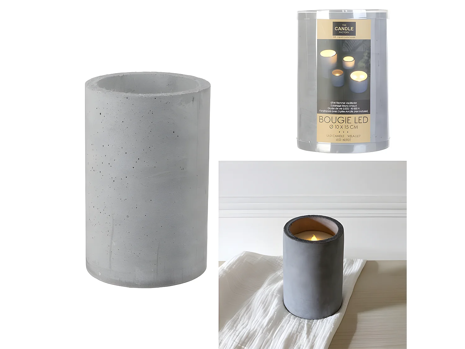 Bougie Ronde Led "Ciment" 15cm Gris