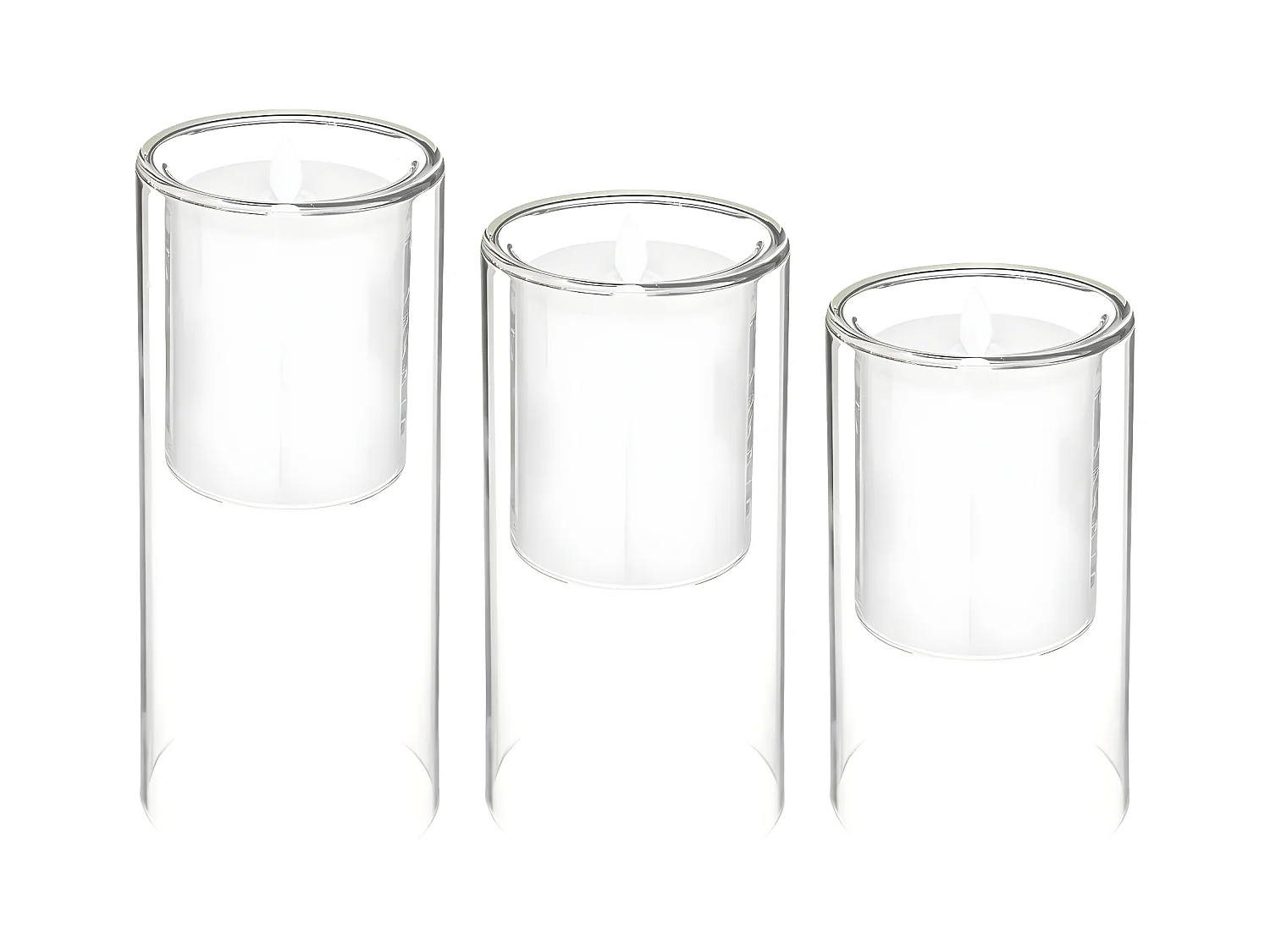 Lot de 3 Bougies Led "Double Verre" 25cm Transparent