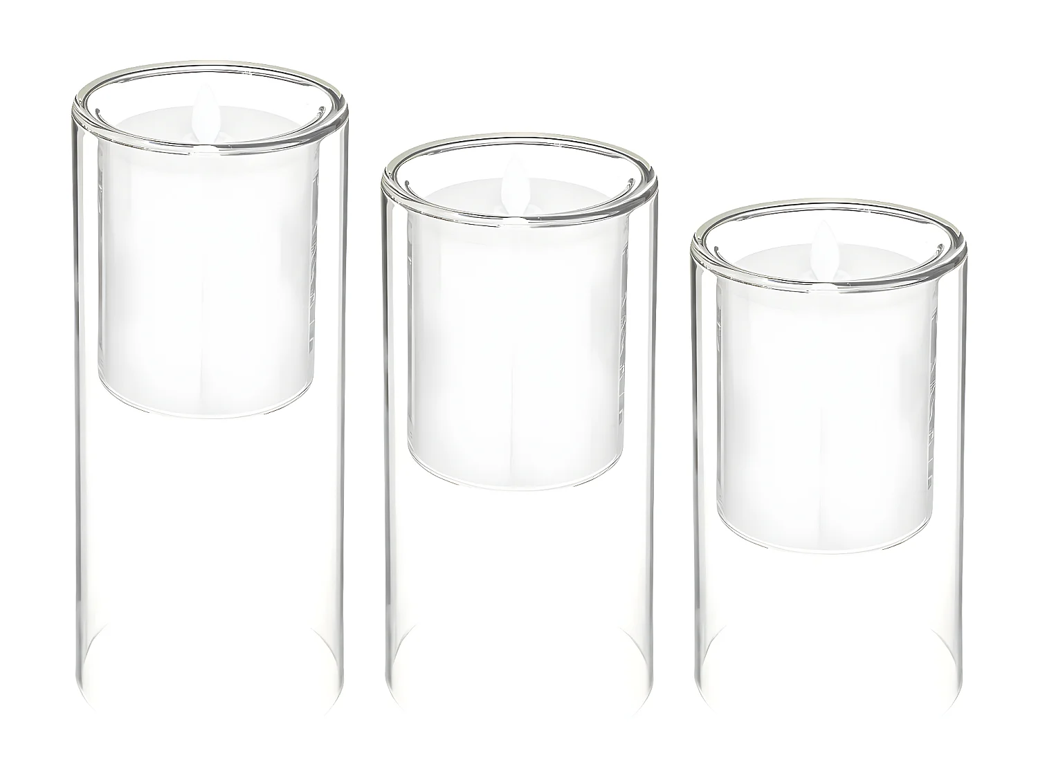 Lot de 3 Bougies Led "Double Verre" 25cm Transparent