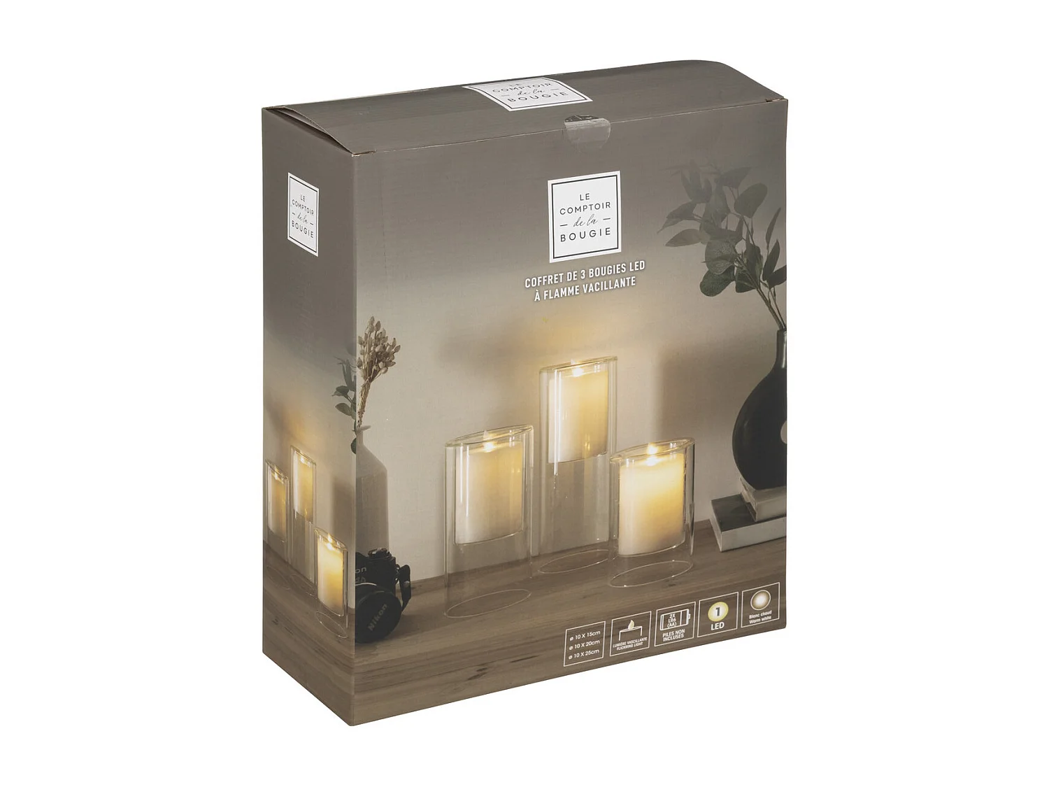 Lot de 3 Bougies Led "Double Verre" 25cm Transparent