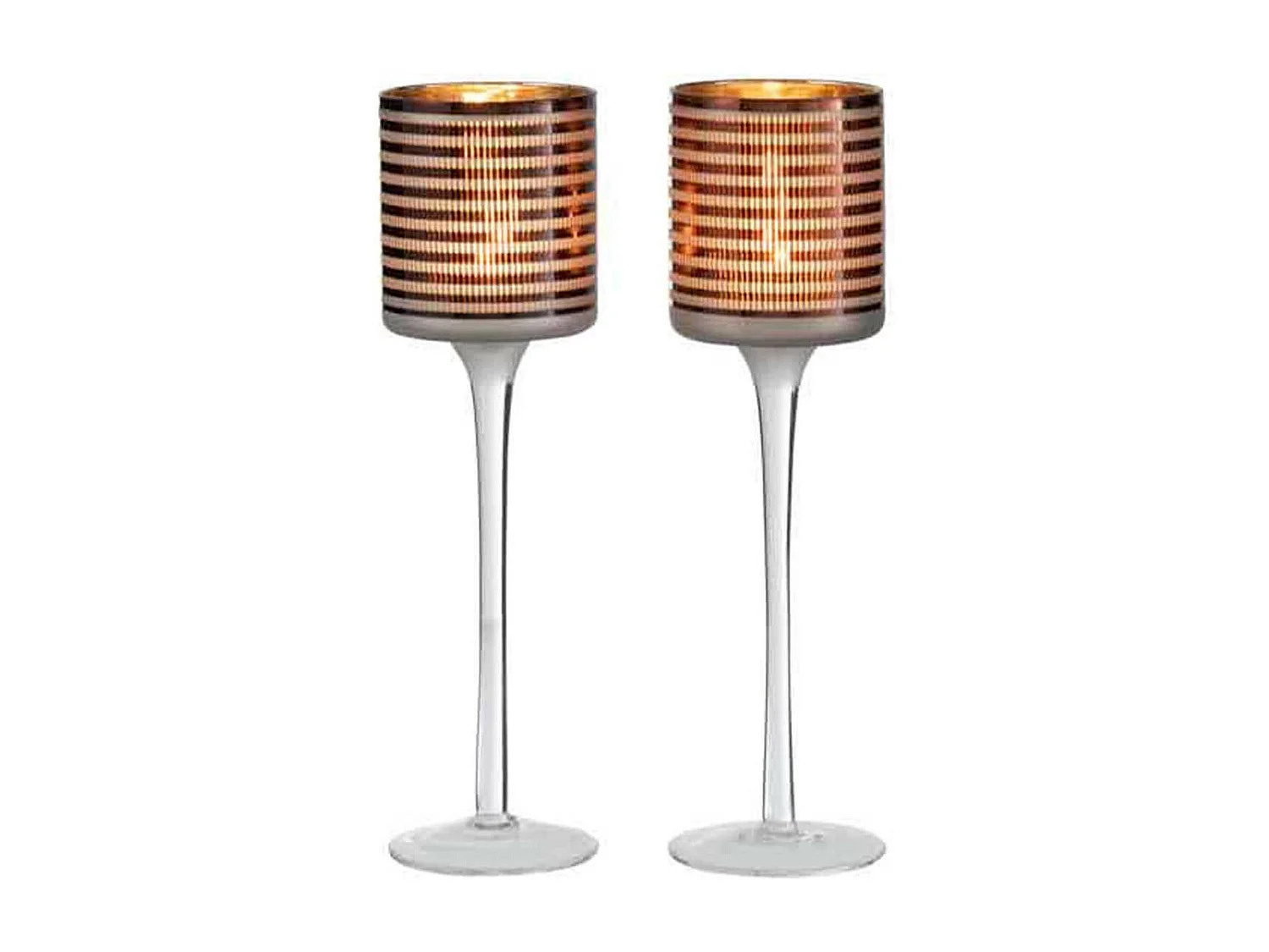 Lot de 2 Photophores sur Pied "Verre Rayé" 25cm Marron