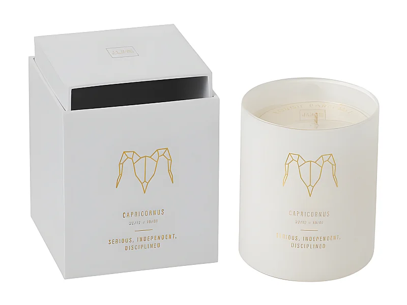 Vela perfumada signo Capricornio 50H en tarro de vidrio blanco 8x8x9.5 cm