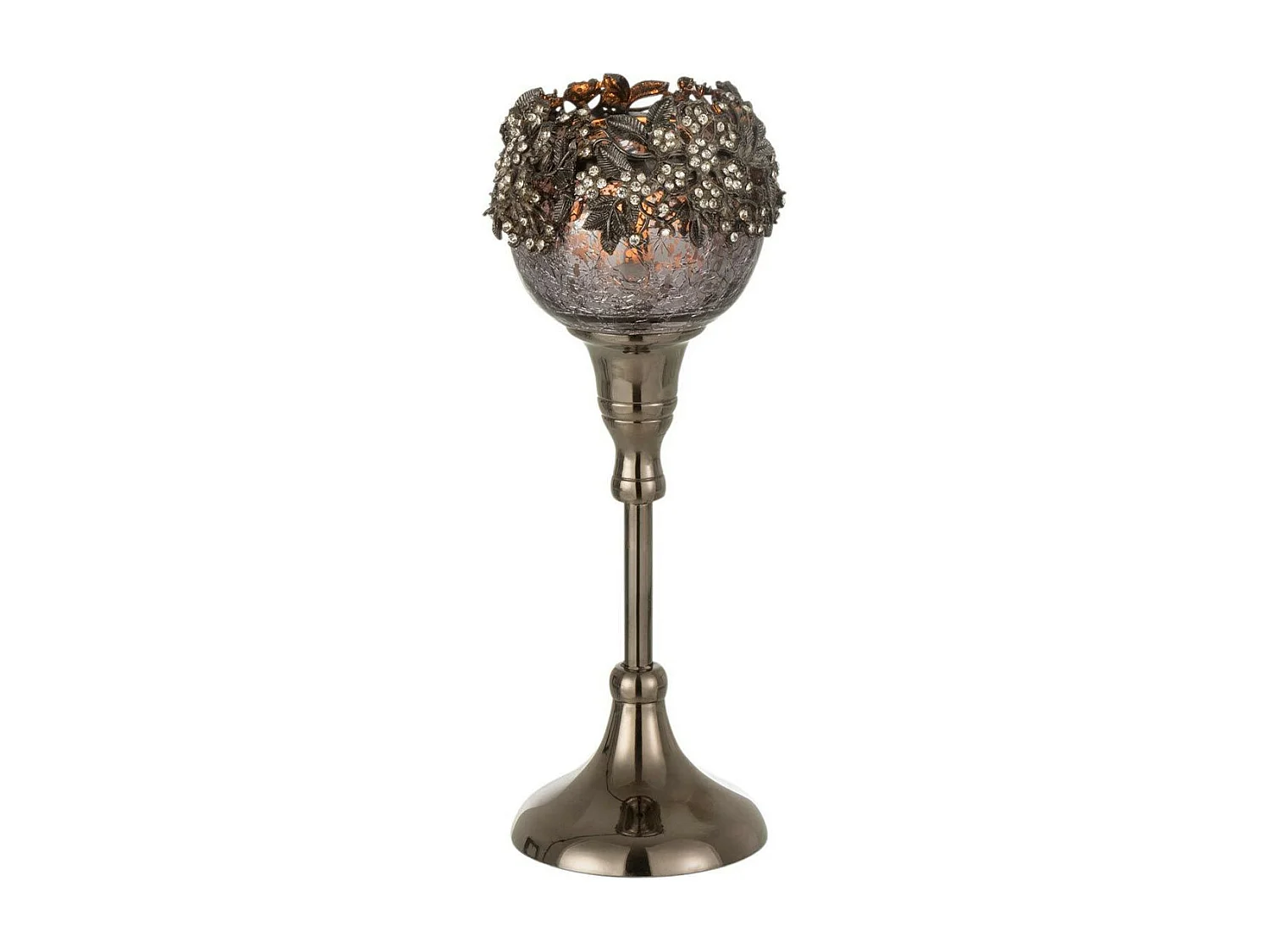 Portavelas de pie decorado con diamantes de imitación en aluminio gris de 9x9x24 cm