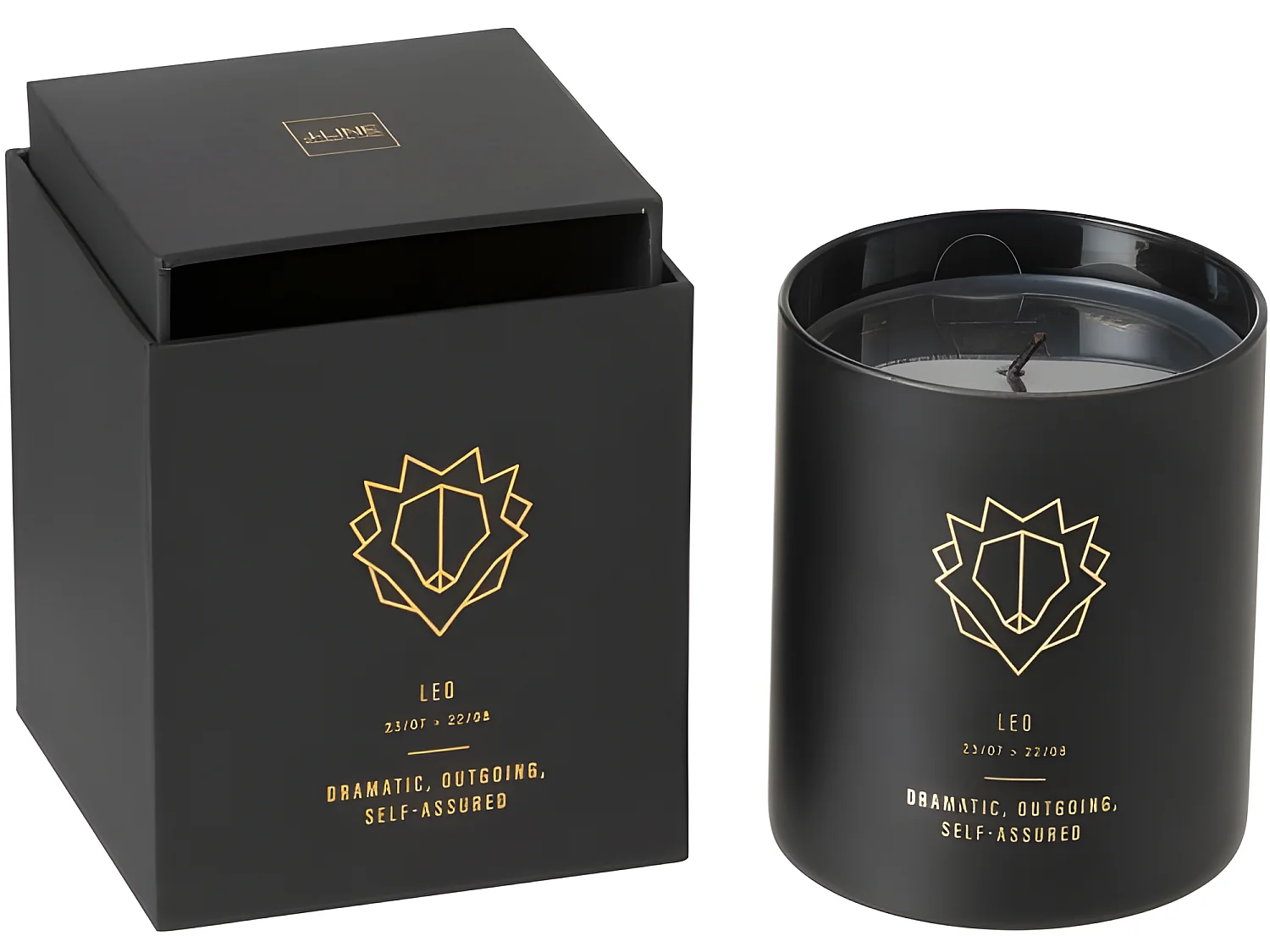 Vela perfumada signo de león 50H en tarro de vidrio negro 8x8x9.5 cm