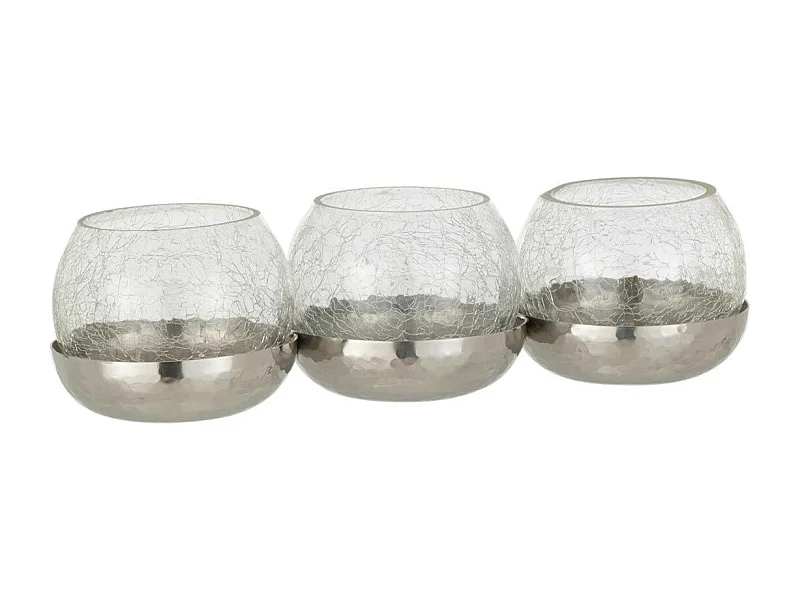 Photophore Verre Craquelé "3 Boules" 27cm Argent