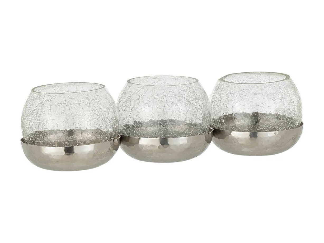 Photophore Verre Craquelé "3 Boules" 27cm Argent