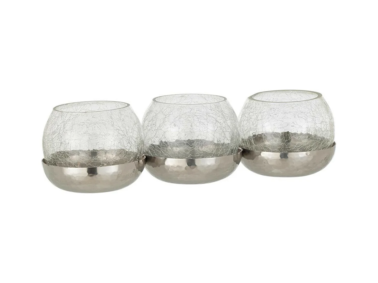 Photophore Verre Craquelé "3 Boules" 27cm Argent