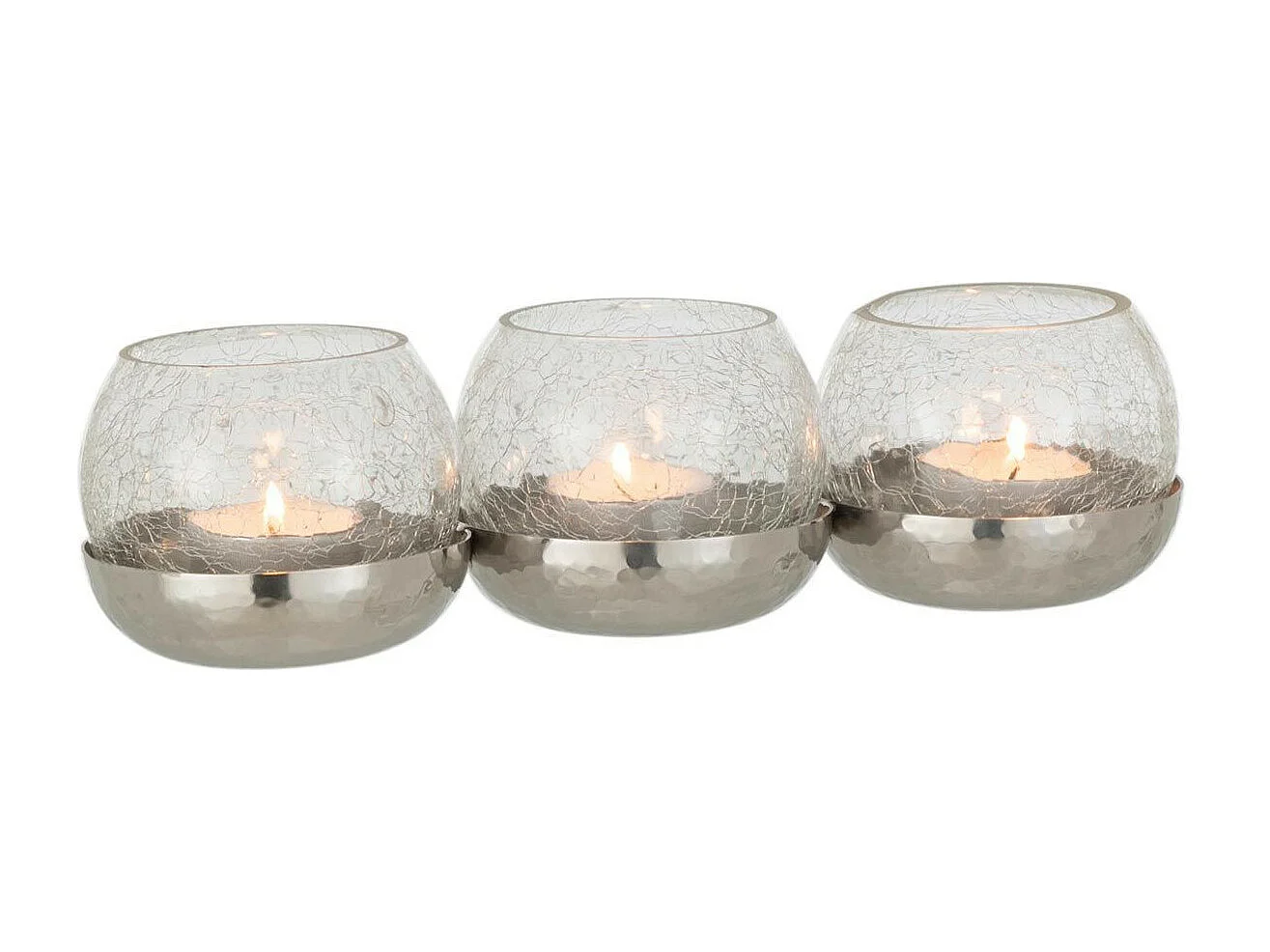 Photophore Verre Craquelé "3 Boules" 27cm Argent