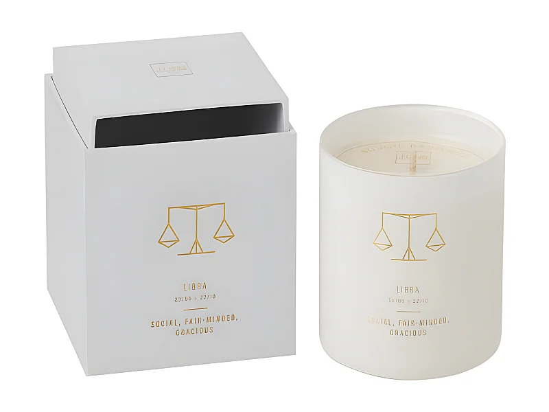 Vela perfumada signo de Libra 50H en tarro de vidrio blanco 8x8x9.5 cm