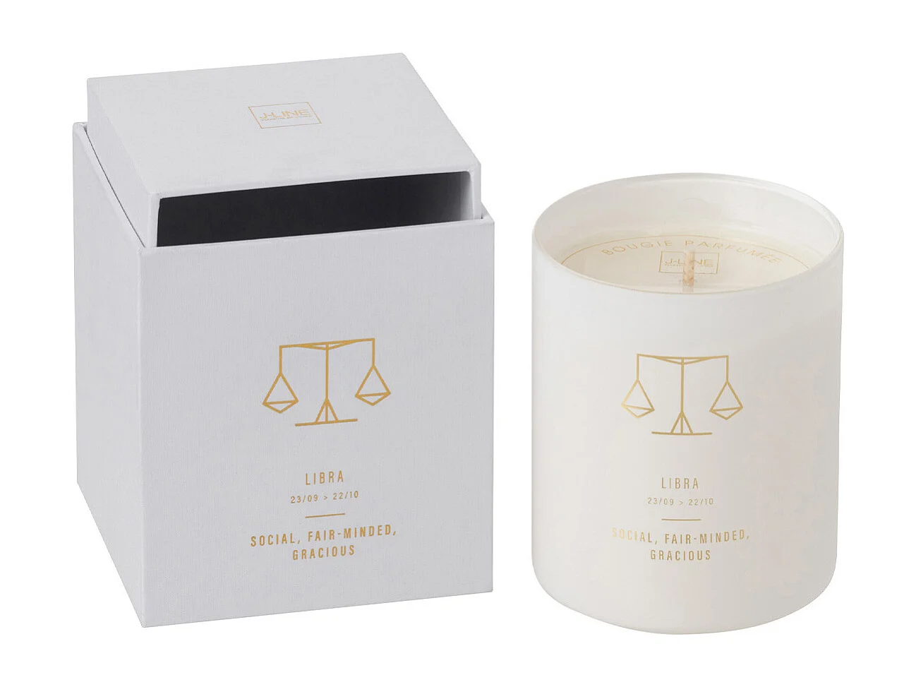 Vela perfumada signo de Libra 50H en tarro de vidrio blanco 8x8x9.5 cm