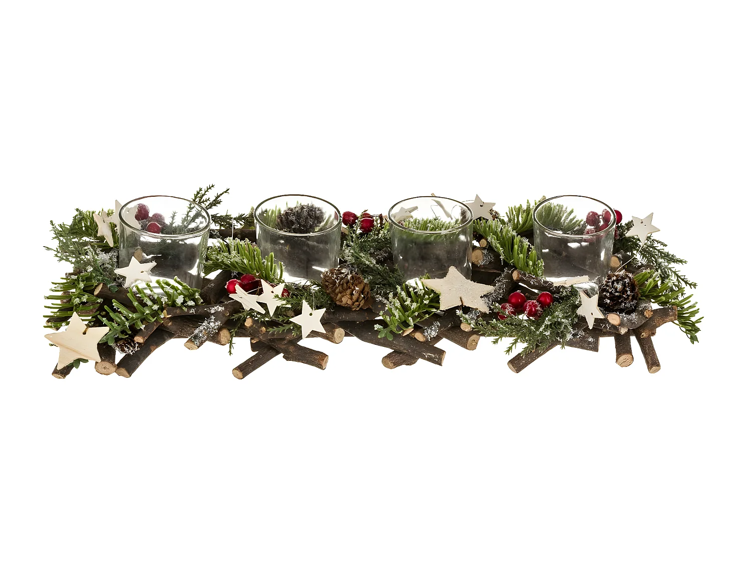 Lot de 4 Photophores Bûche "Soir de Noël" 39cm Vert