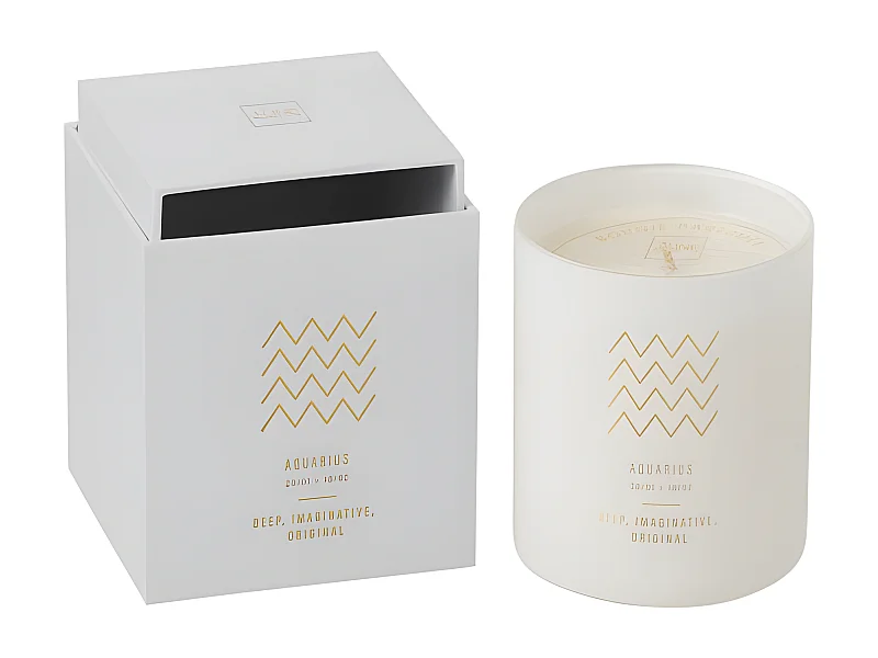 Vela perfumada signo Acuario 50H en tarro de vidrio blanco 8x8x9.5 cm