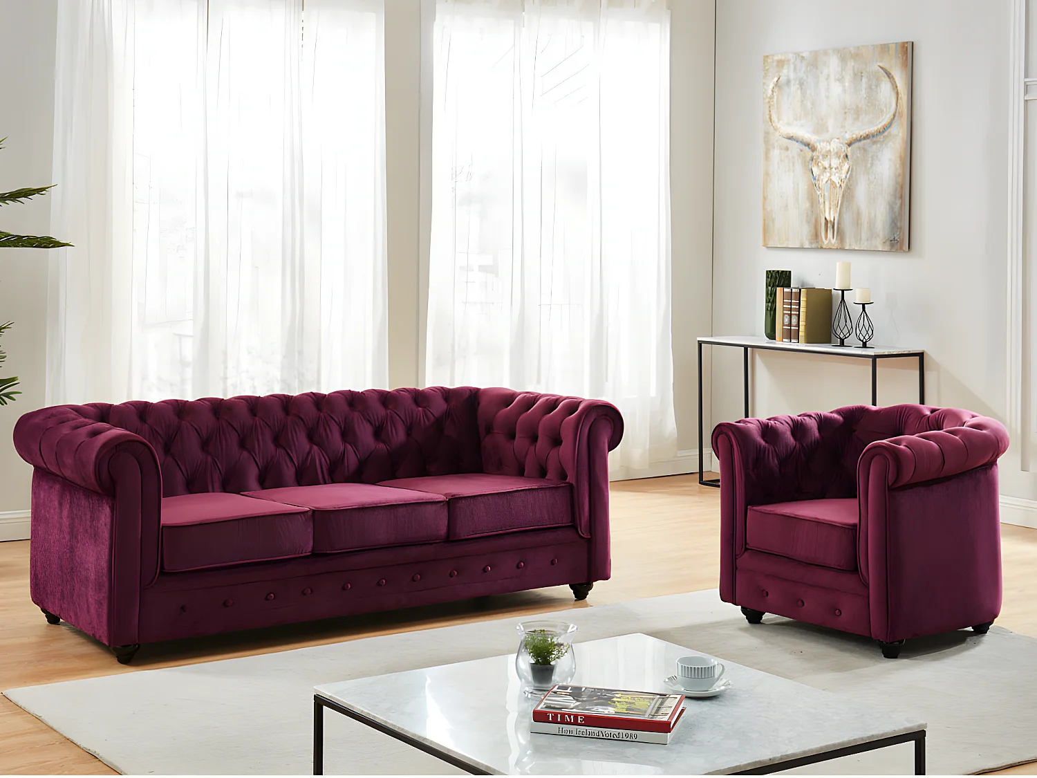 Canapé 3 places et fauteuil CHESTERFIELD - velours pourpre