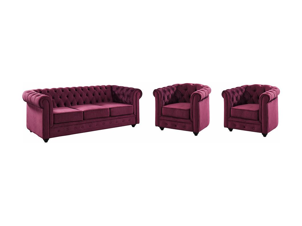 Driezitsbank en  2 fauteuils CHESTERFIELD - velours - paars