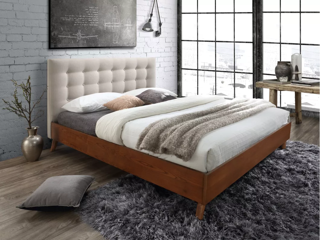 Kauf Unique Bett 180 x 200 cm mit gestepptem Kopfteil - Stoff - Beige - FRANCESCO