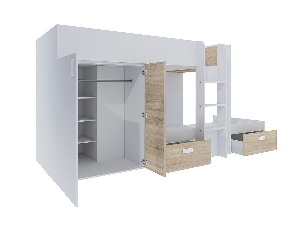 Etagenbett mit Kleiderschrank JULIEN - 2 x 90 x 190 cm - Weiß