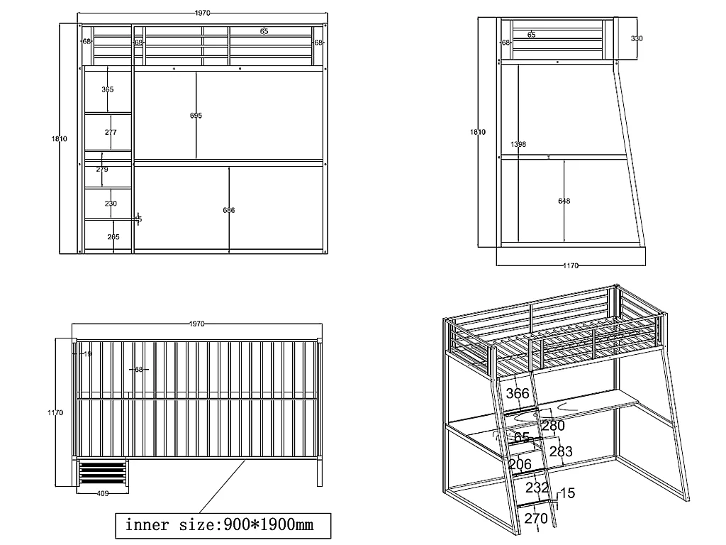 Lit mezzanine MALICIA - 90 x 190 cm - bureau intégré - Noir et blanc