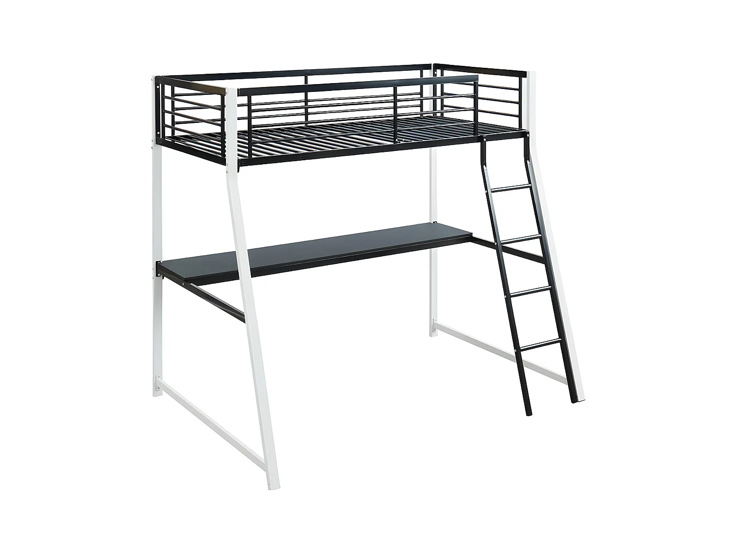 Cama alta MALICIA - 90x190 cm - Escritorio integrado - Negro y blanco